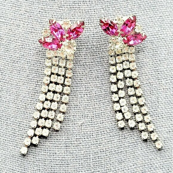 Vintage Rhinestone Drop Dangle Earrings Pink & Clear 2.25" Left Ear Right Ear - Picture 1 of 7